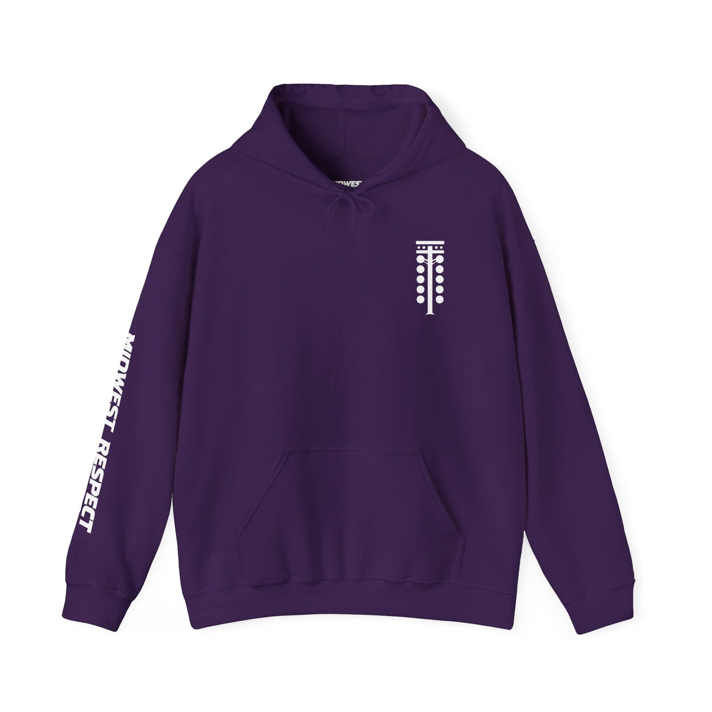 Purple hoodie with a logo on the chest and text on the sleeve against a white background