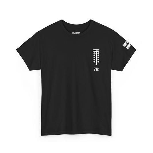 Black t-shirt with white graphics on a white background