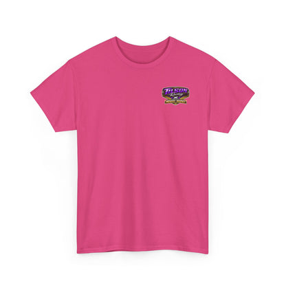 Pink t-shirt with a logo on the chest against a white background