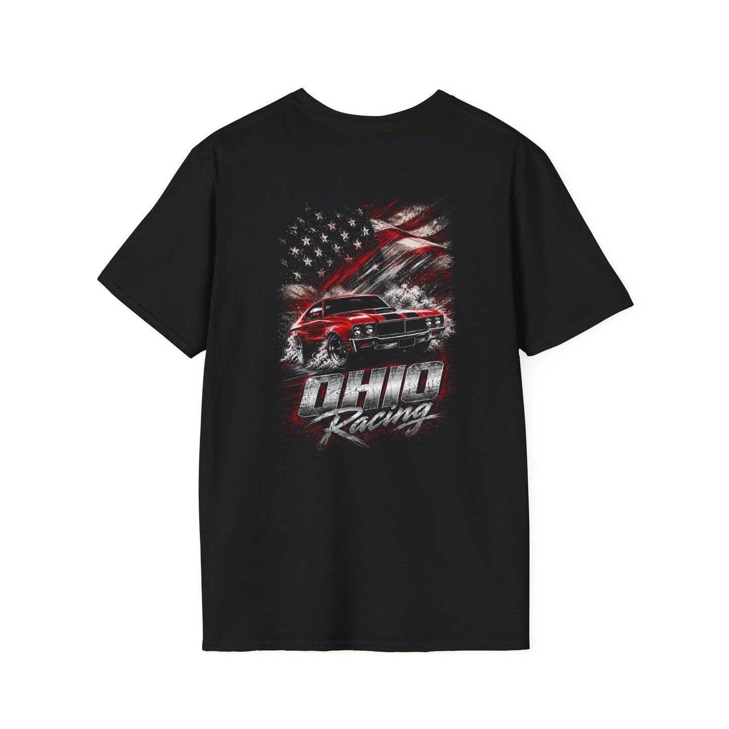 A black short-sleeve t-shirt with a large graphic print on the back featuring a red muscle car, a distressed American flag, and the text 'Ohio Racing'.