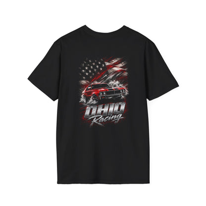 A black short-sleeve t-shirt with a large graphic print on the back featuring a red muscle car, a distressed American flag, and the text 'Ohio Racing'.