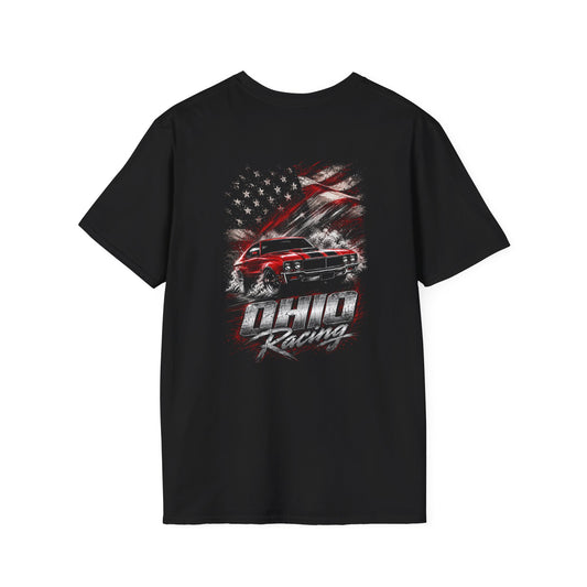 A black short-sleeve t-shirt with a large graphic print on the back featuring a red muscle car, a distressed American flag, and the text 'Ohio Racing'.