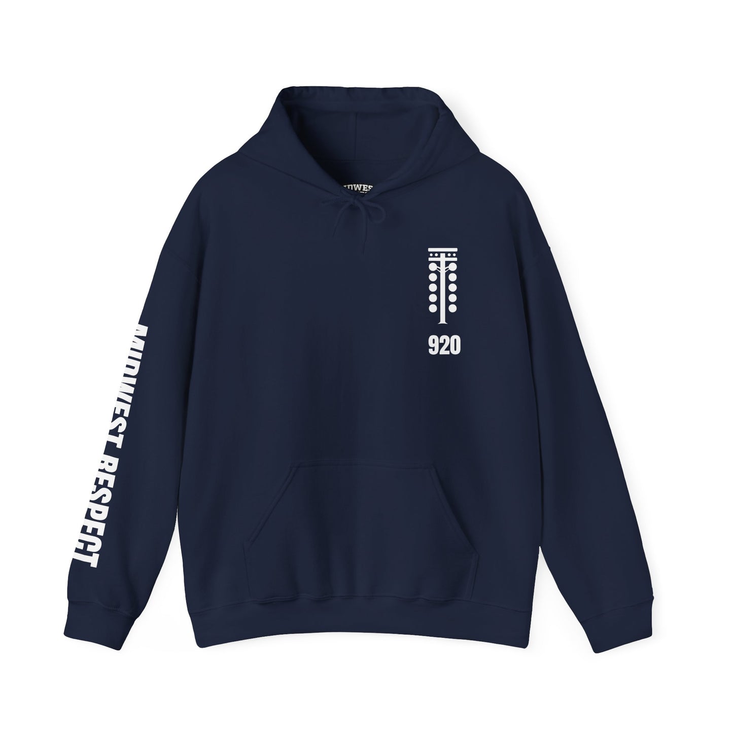 Navy blue hoodie with white text on a white background