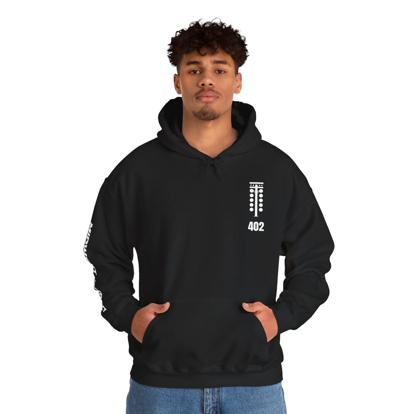 Person wearing a black hoodie with a logo and text on a white background