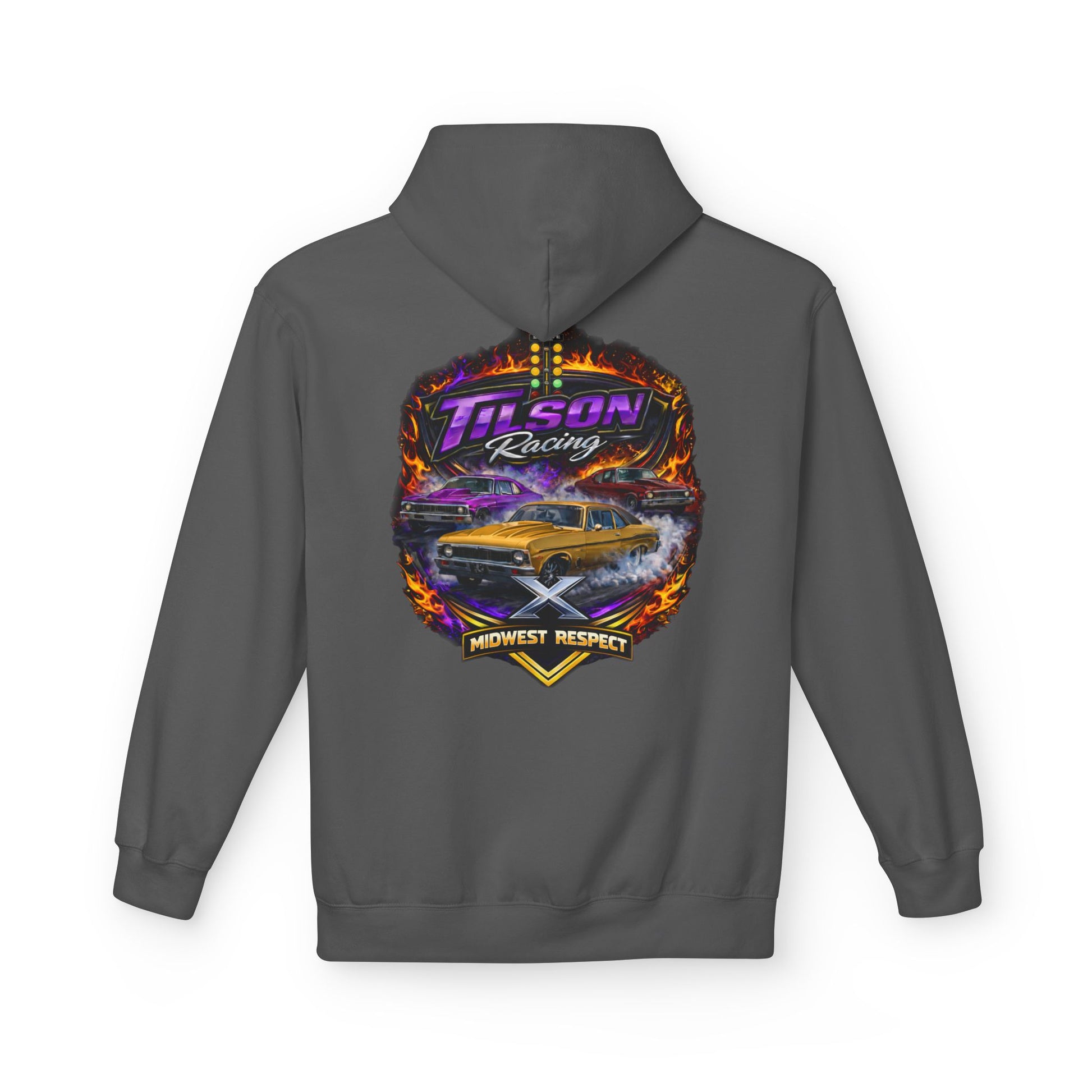 Gray hoodie with a colorful graphic on the back featuring a car and text.