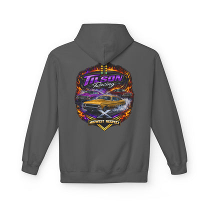 Gray hoodie with a colorful graphic on the back featuring a car and text.