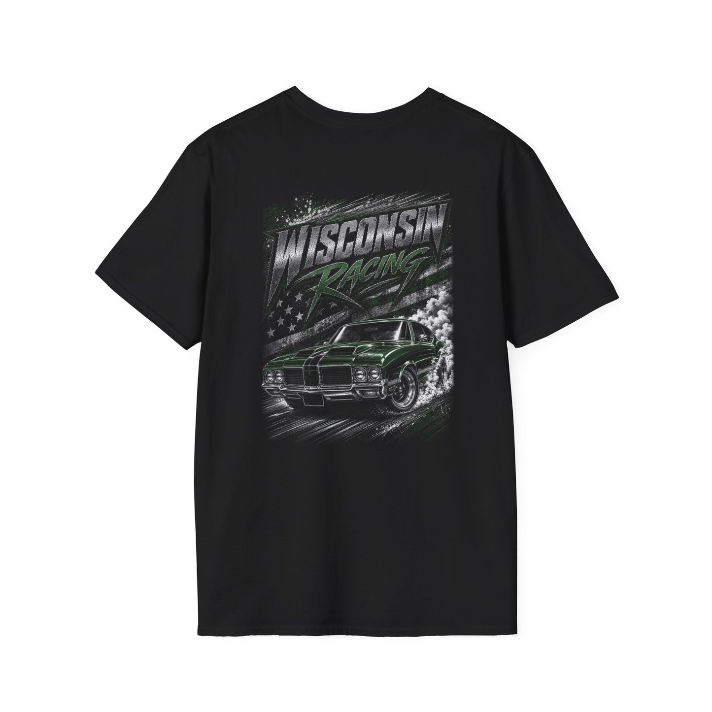 Black t-shirt with white text and Wisconsin Racing muscle car graphic on a white background.