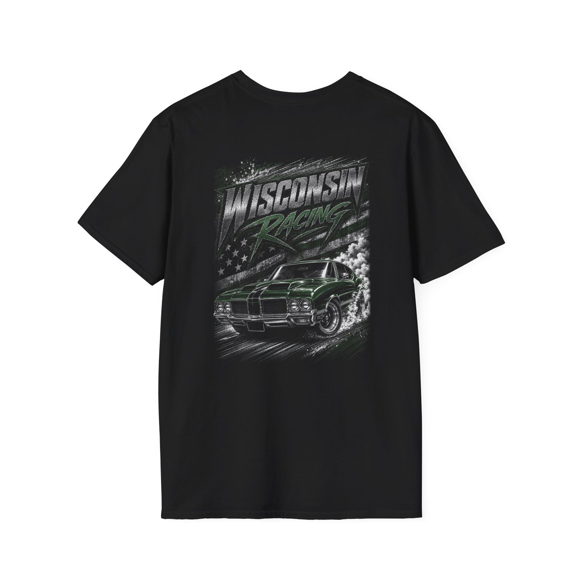 Black t-shirt with white text and Wisconsin Racing muscle car graphic on a white background.