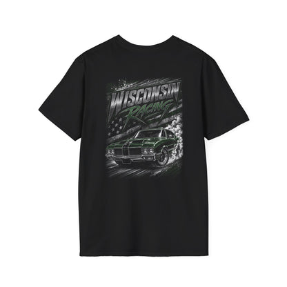 Black t-shirt with white text and Wisconsin Racing muscle car graphic on a white background.