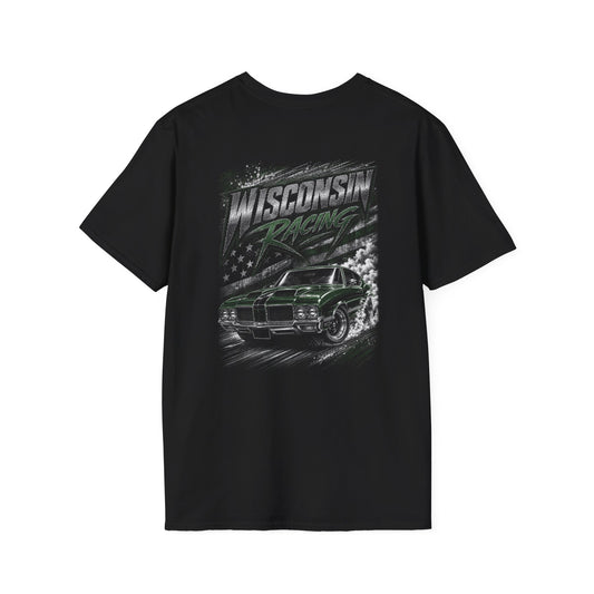 Black t-shirt with white text and Wisconsin Racing muscle car graphic on a white background.