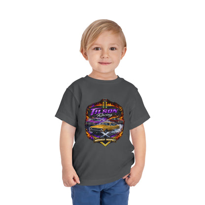 Child wearing a dark gray t-shirt with a colorful graphic design on a white background