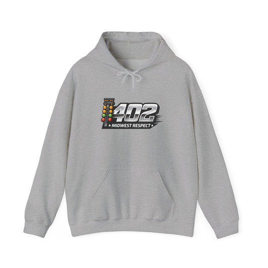 Gray hoodie with a 402 logo on a white background
