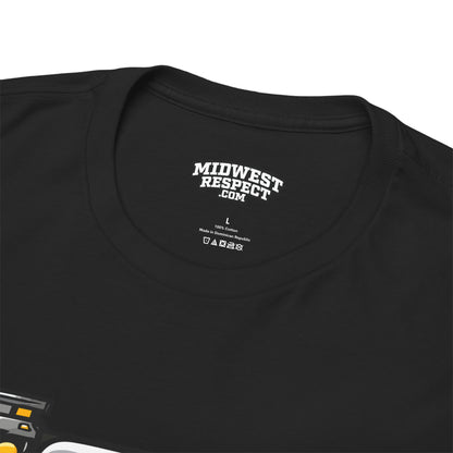 Black t-shirt with 'Midwest Respect.com' text on the collar against a white background