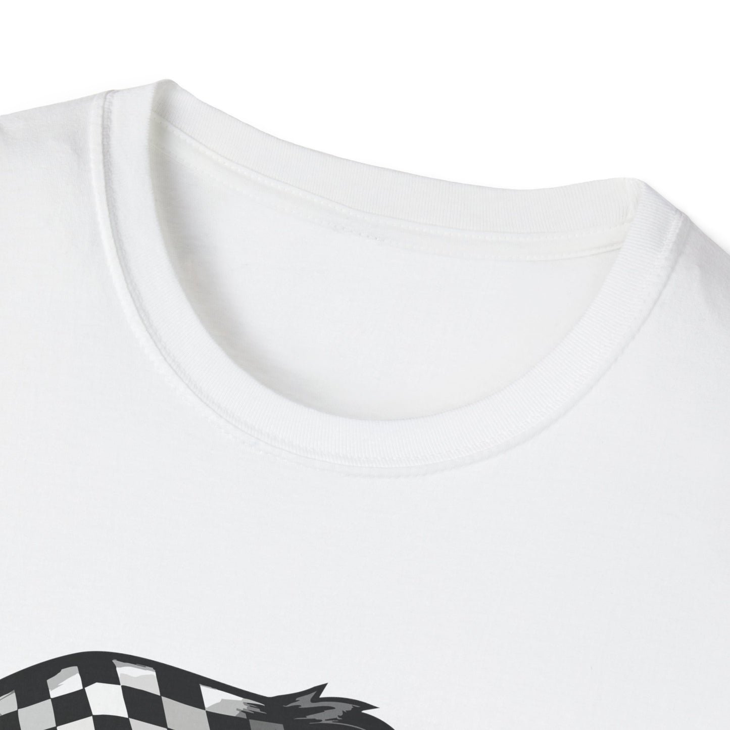 Close-up of a white t-shirt with a checkered flag design on a white background