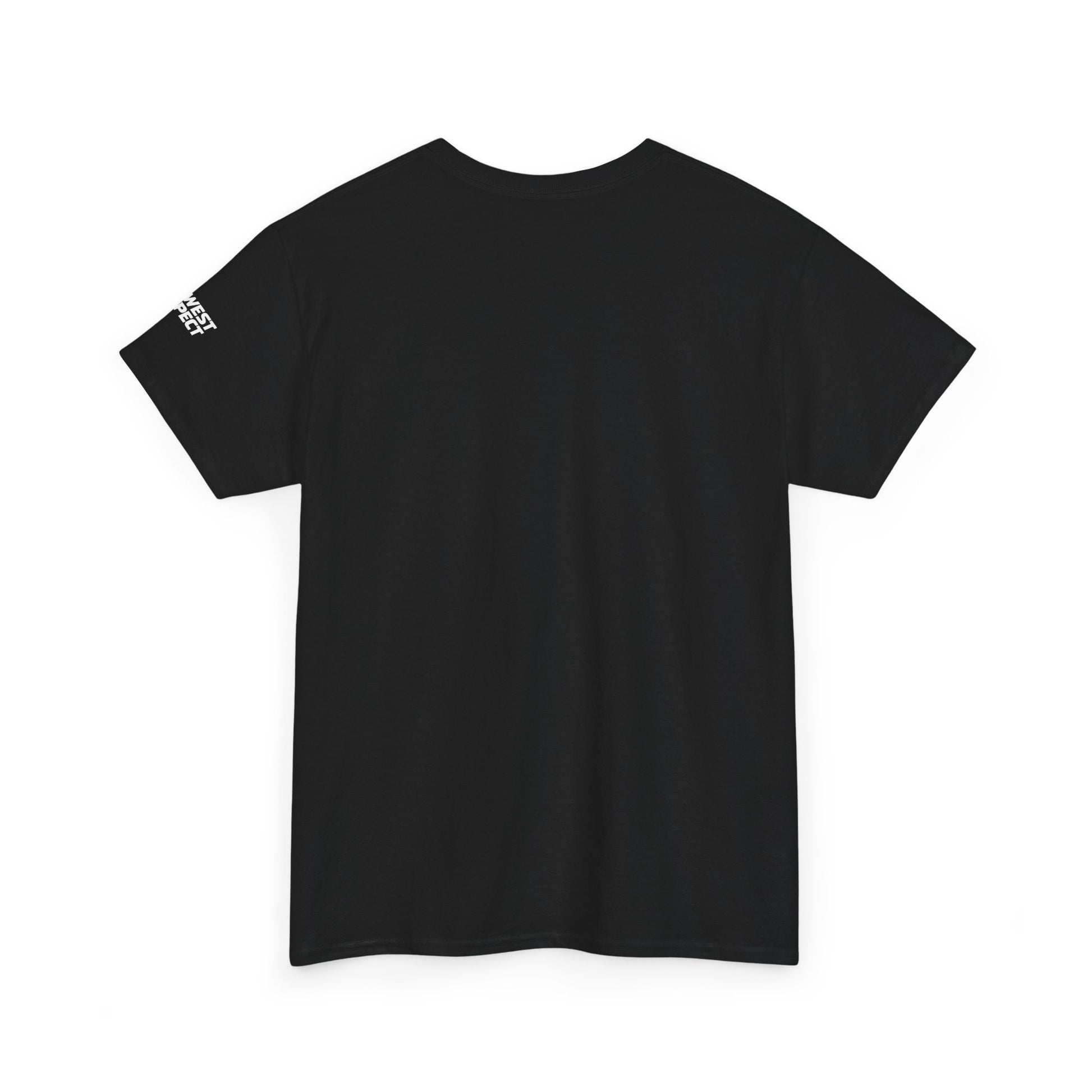 Black t-shirt with a small white logo on the sleeve against a white background