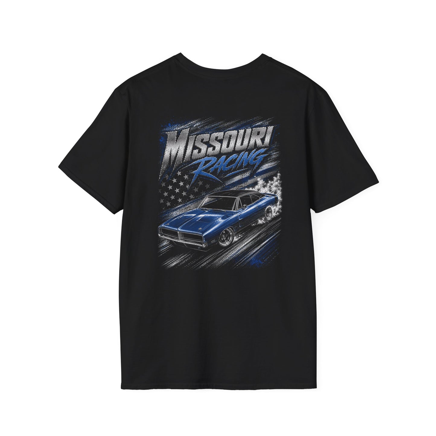 A black short-sleeve t-shirt with a large back graphic featuring the text 'Missouri Racing' and an illustration of a blue muscle car on a track, set against a plain white background.