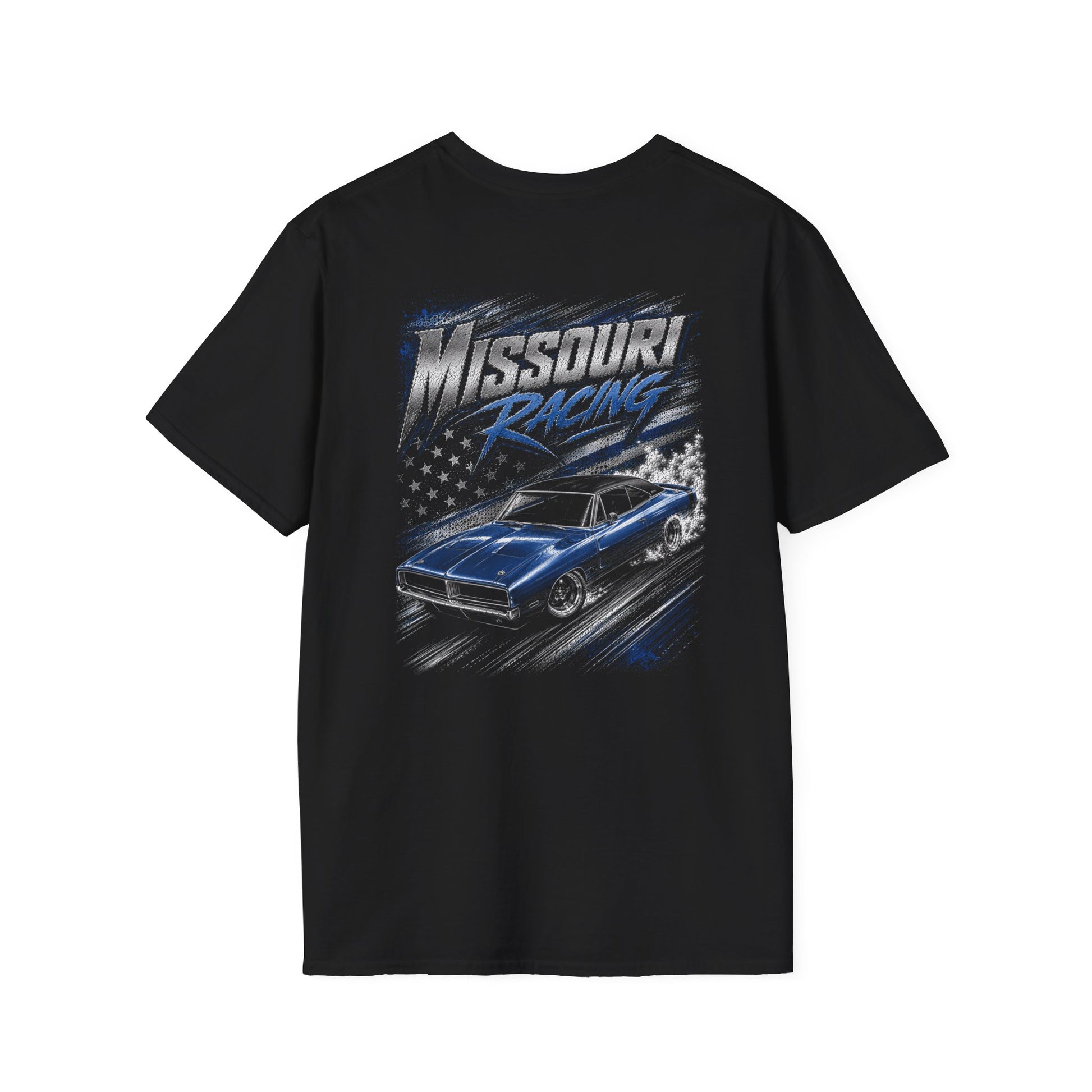 A black short-sleeve t-shirt with a large back graphic featuring the text 'Missouri Racing' and an illustration of a blue muscle car on a track, set against a plain white background.