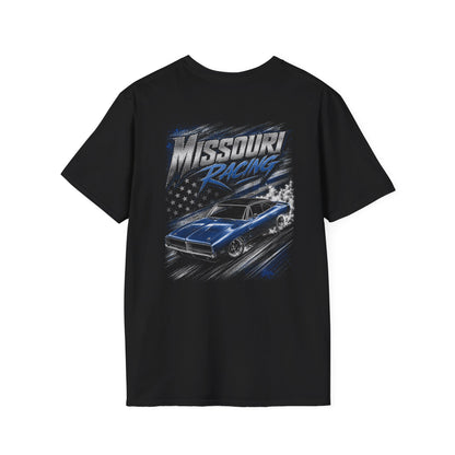 A black short-sleeve t-shirt with a large back graphic featuring the text 'Missouri Racing' and an illustration of a blue muscle car on a track, set against a plain white background.