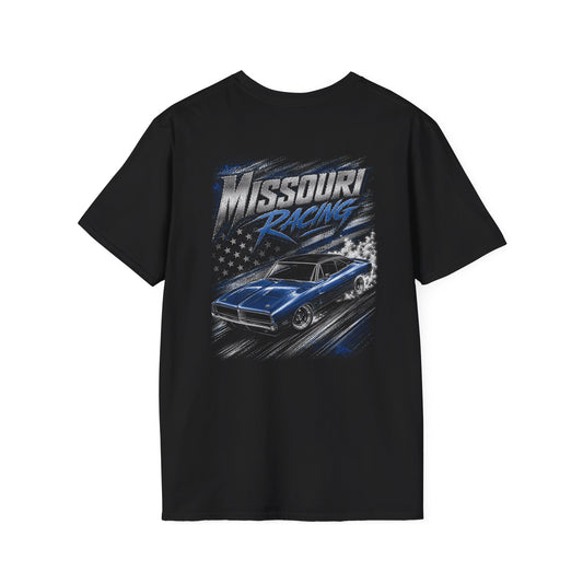 A black short-sleeve t-shirt with a large back graphic featuring the text 'Missouri Racing' and an illustration of a blue muscle car on a track, set against a plain white background.