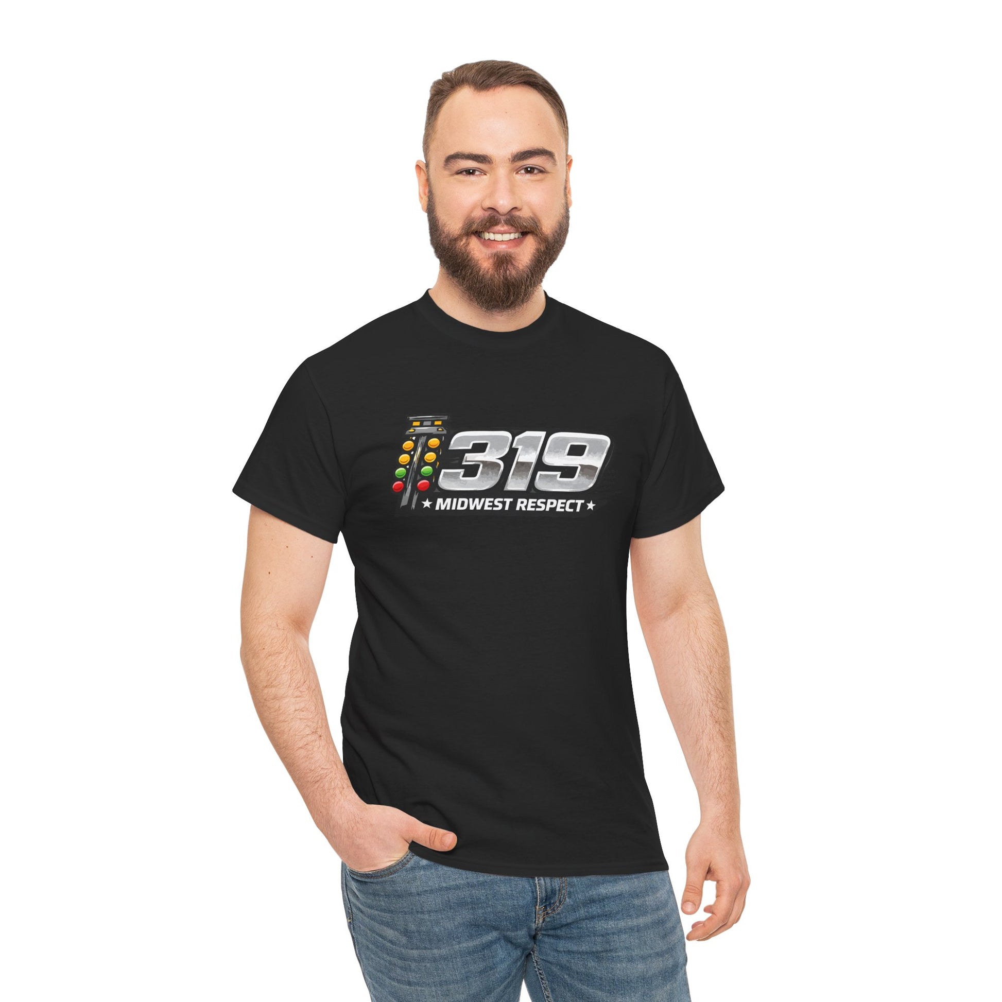 Man wearing a black t-shirt with '319 Midwest Respect' design on a white background