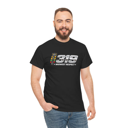 Man wearing a black t-shirt with '319 Midwest Respect' design on a white background