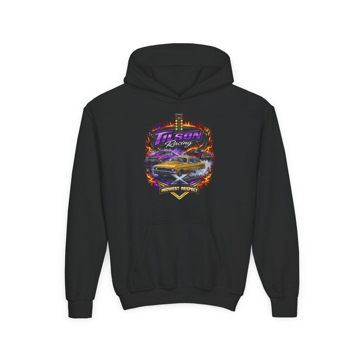 Black hoodie with a colorful graphic on the back against a white background