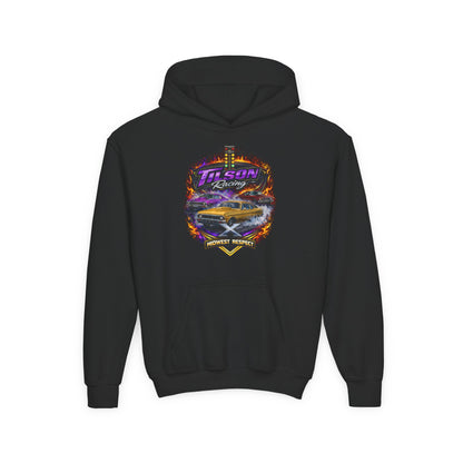 Black hoodie with a colorful graphic on the back against a white background