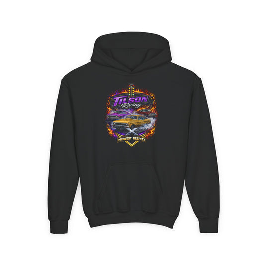 Black hoodie with a colorful graphic on the back against a white background