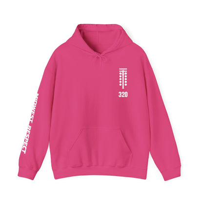 Pink hoodie with white text and graphics on a white background