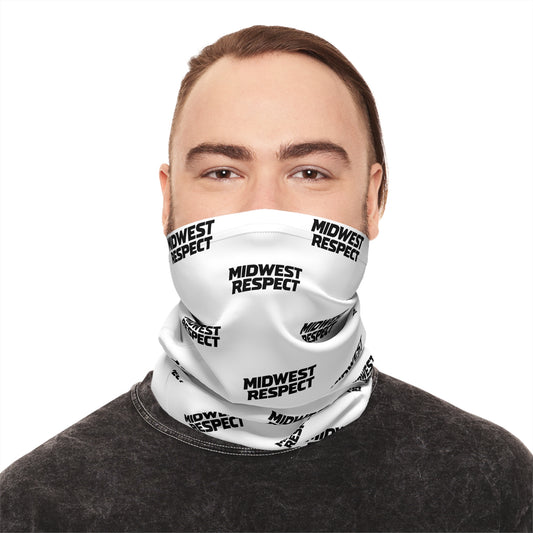 Person wearing a white neck gaiter with 'Midwest Respect' text on a white background