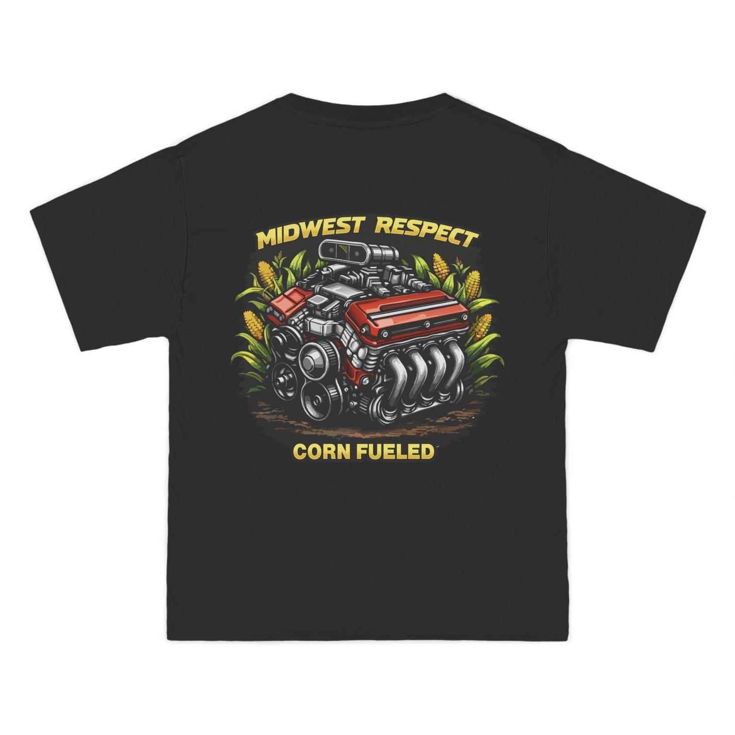Black t-shirt with a colorful engine graphic and text on a white background