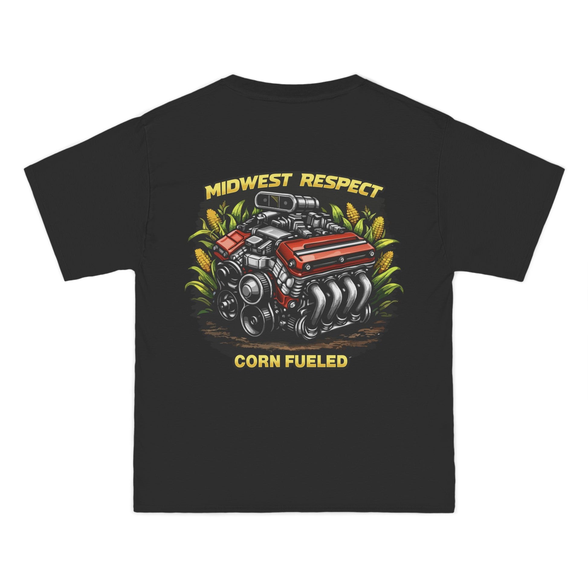 Black t-shirt with a colorful engine graphic and text on a white background