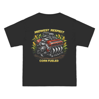 Black t-shirt with a colorful engine graphic and text on a white background