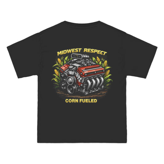 Black t-shirt with a colorful engine graphic and text on a white background