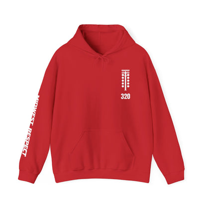 Red hoodie with white text and design on a white background