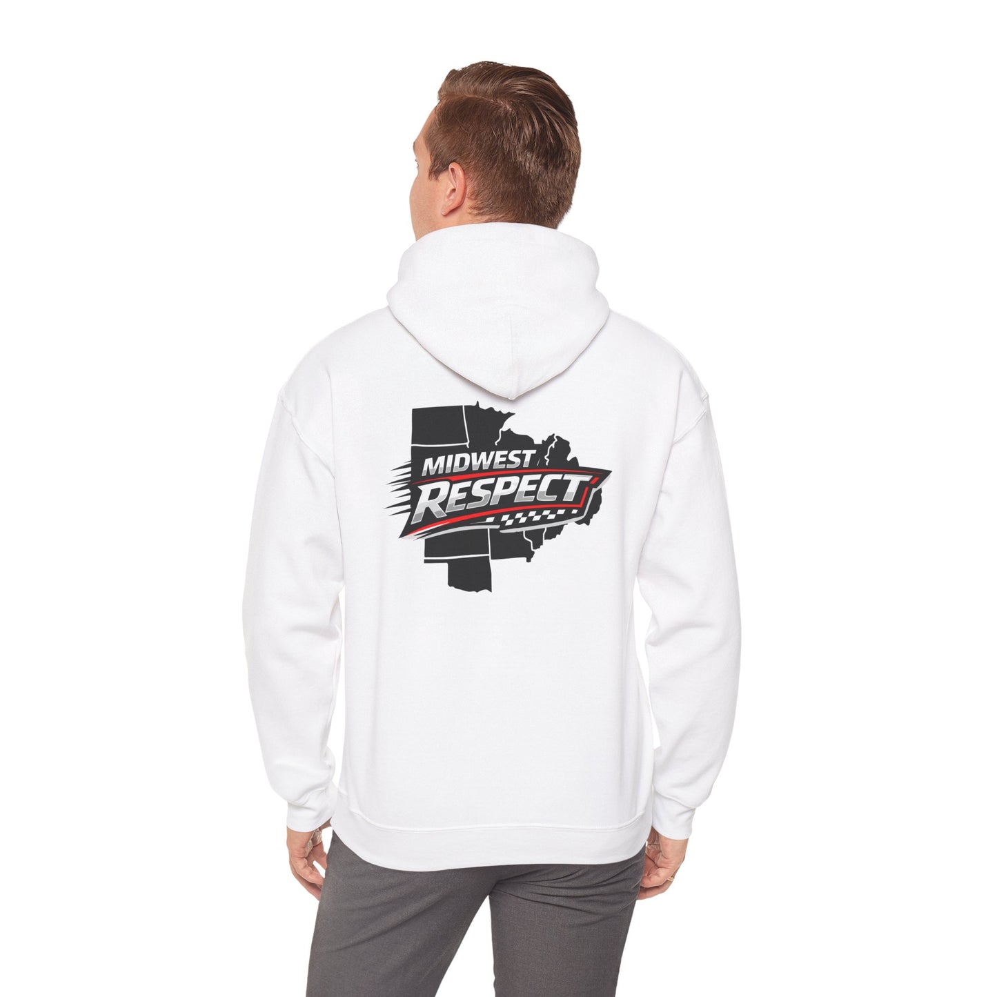 Person wearing a white hoodie with a shark graphic and text on the back, on a white background