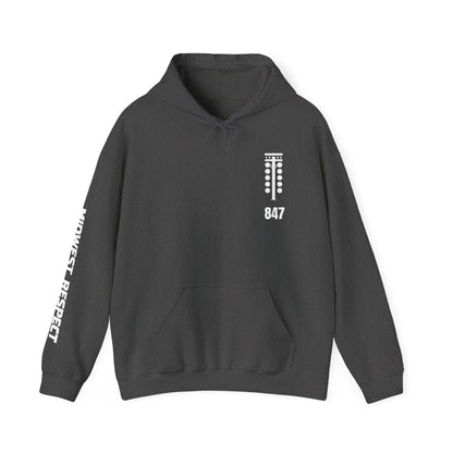 Dark gray hoodie with a logo and text on a white background