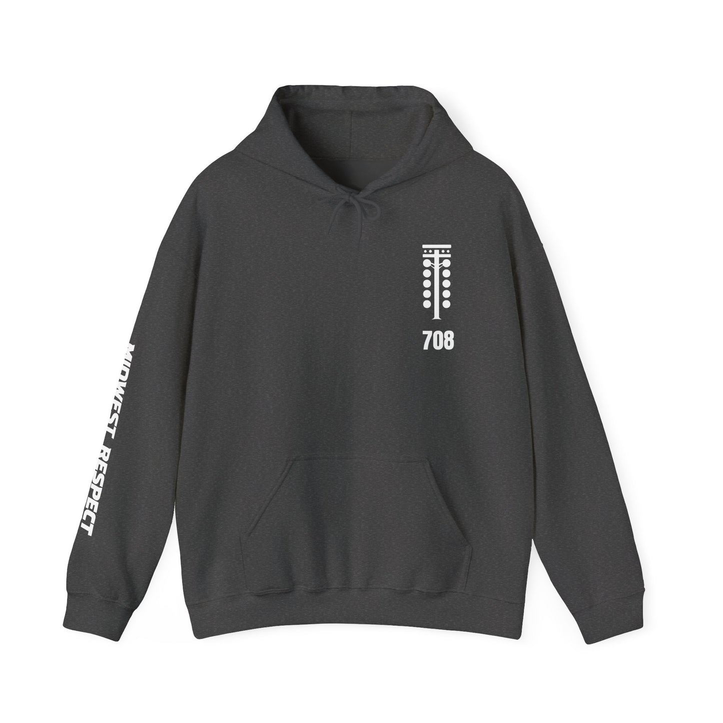 Dark gray hoodie with white text and design on a white background