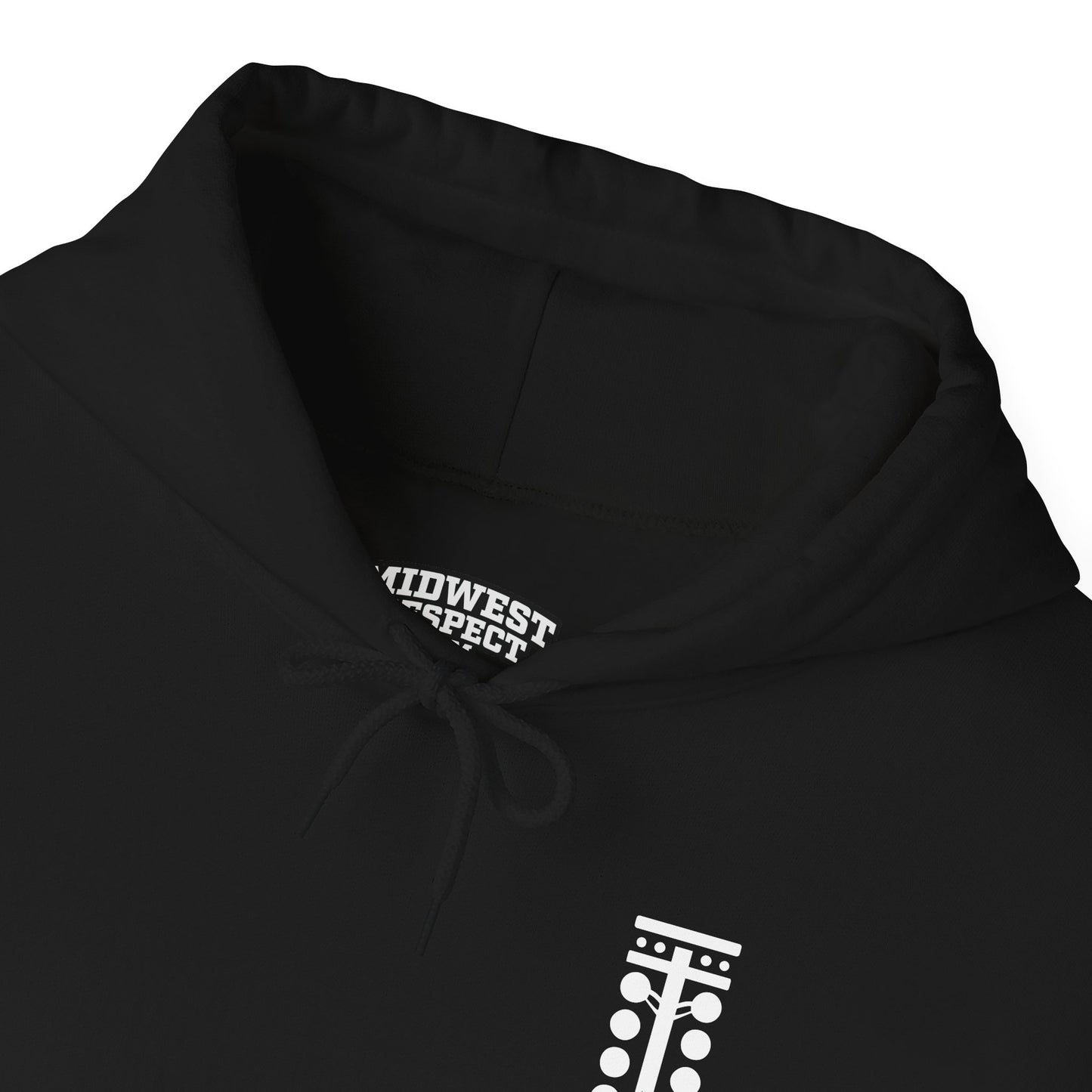 Black hoodie with a brand logo and text on a white background