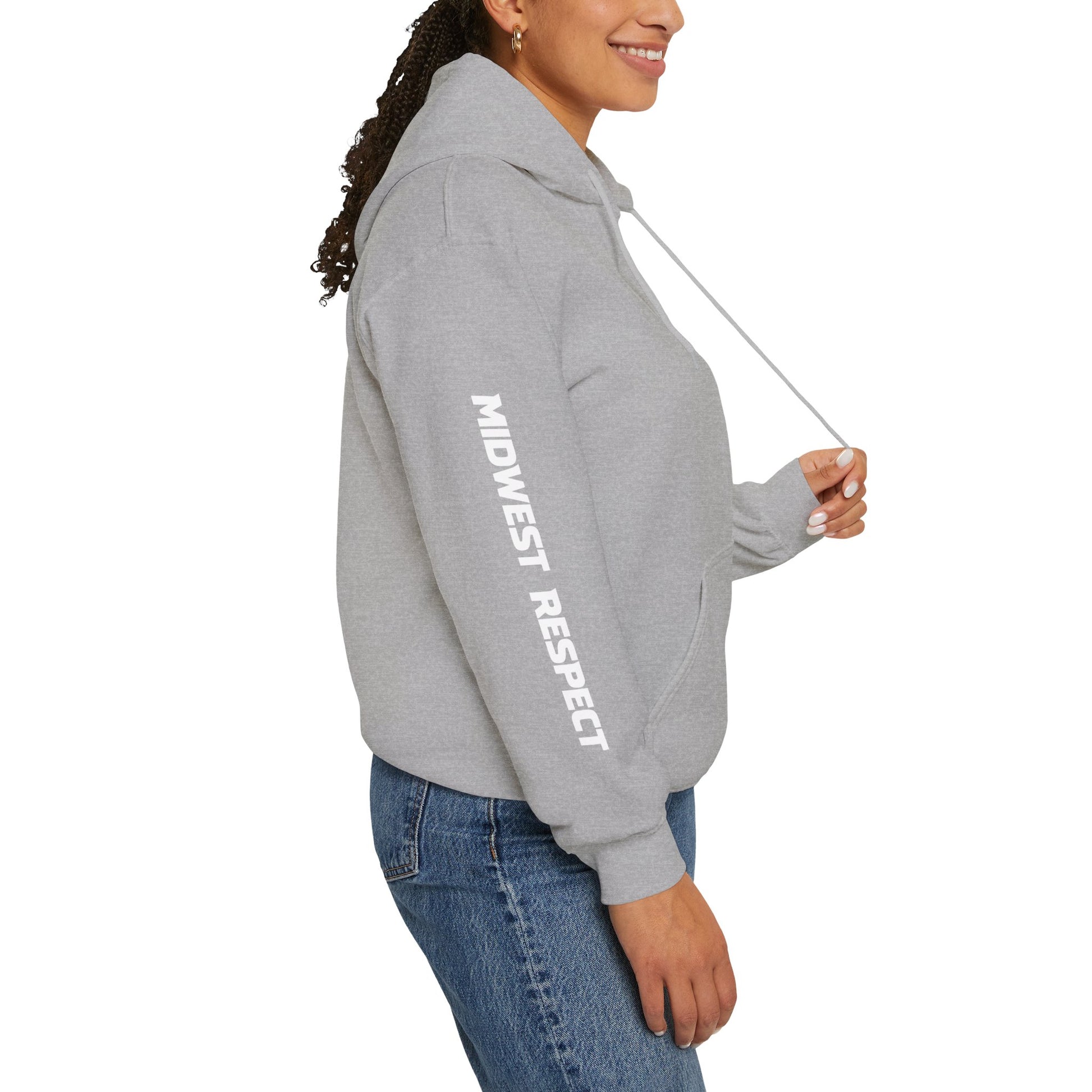 Person wearing a gray hoodie with 'Midwest Respect' text on a white background
