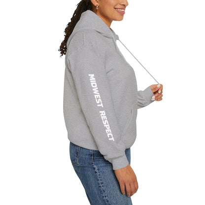 Person wearing a gray hoodie with 'Midwest Respect' text on a white background