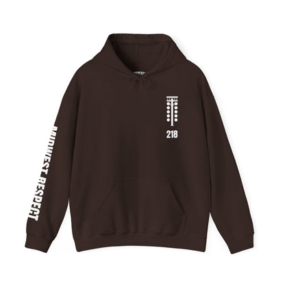 Brown hoodie with white text and design on a white background