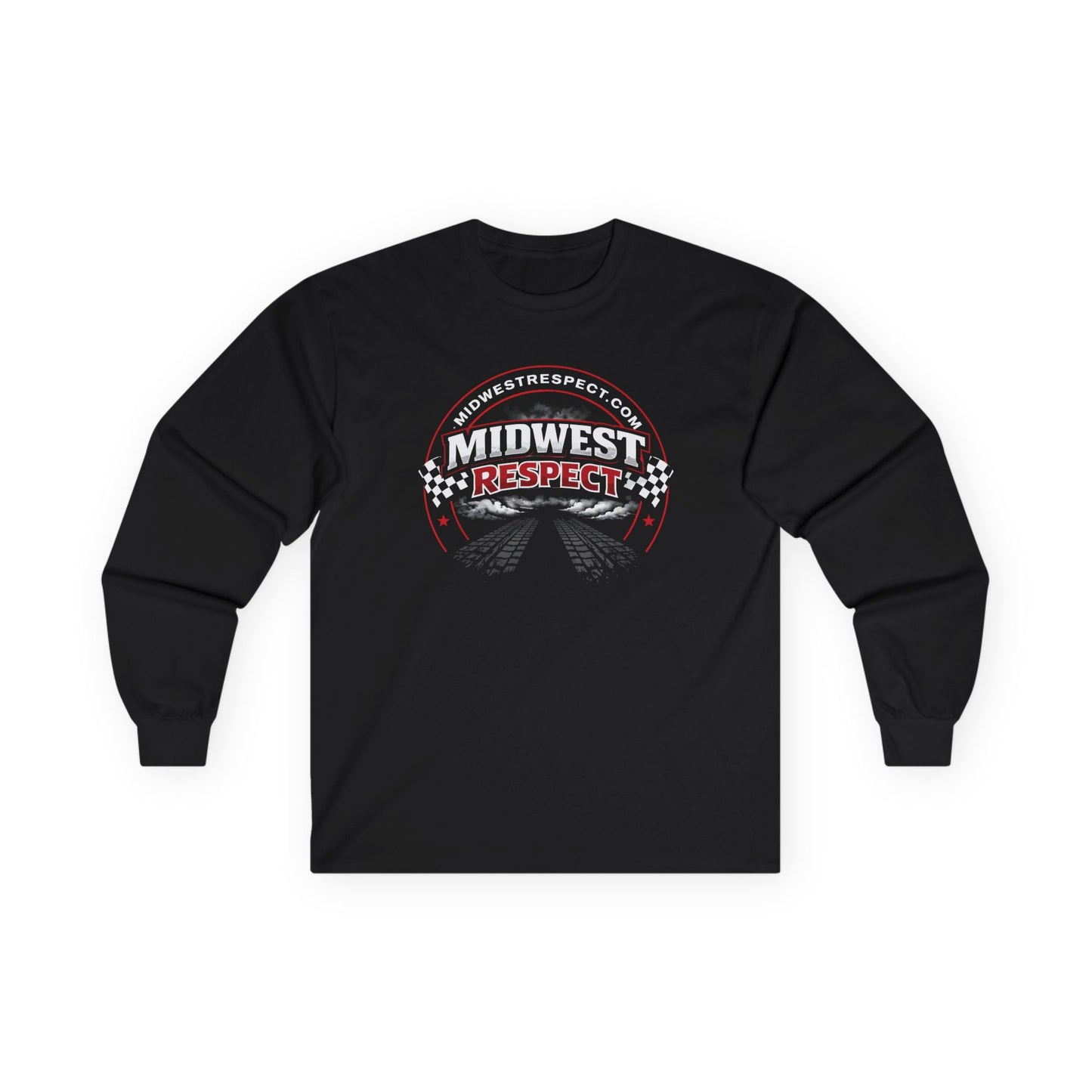 Black long-sleeve shirt with 'Midwest Respect' graphic on a white background