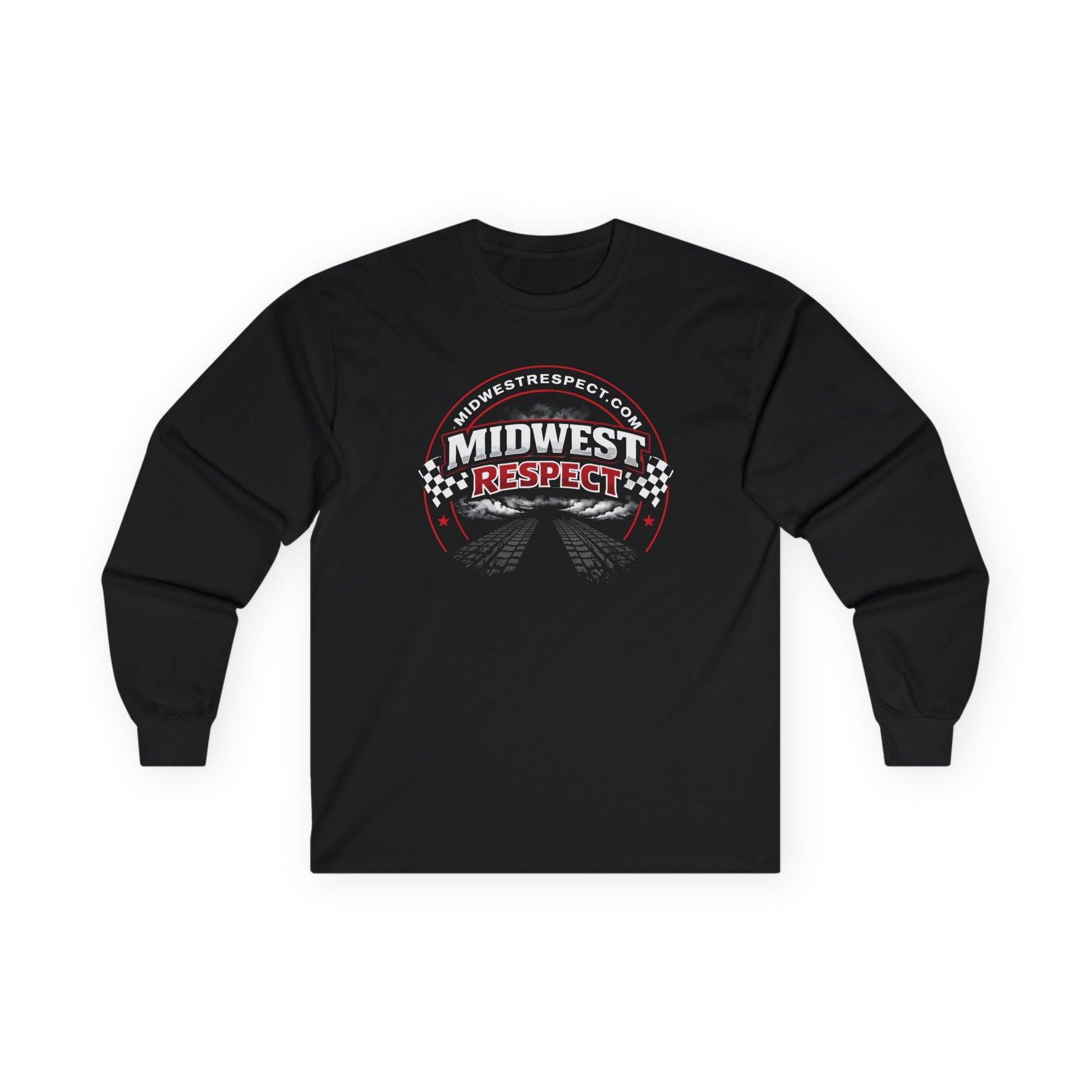 Black long-sleeve shirt with 'Midwest Respect' graphic on a white background