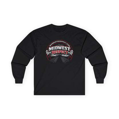 Black long-sleeve shirt with 'Midwest Respect' graphic on a white background