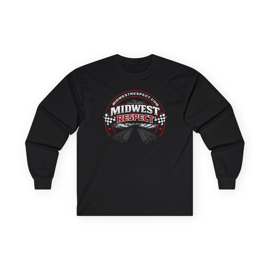 Black long-sleeve shirt with 'Midwest Respect' graphic on a white background