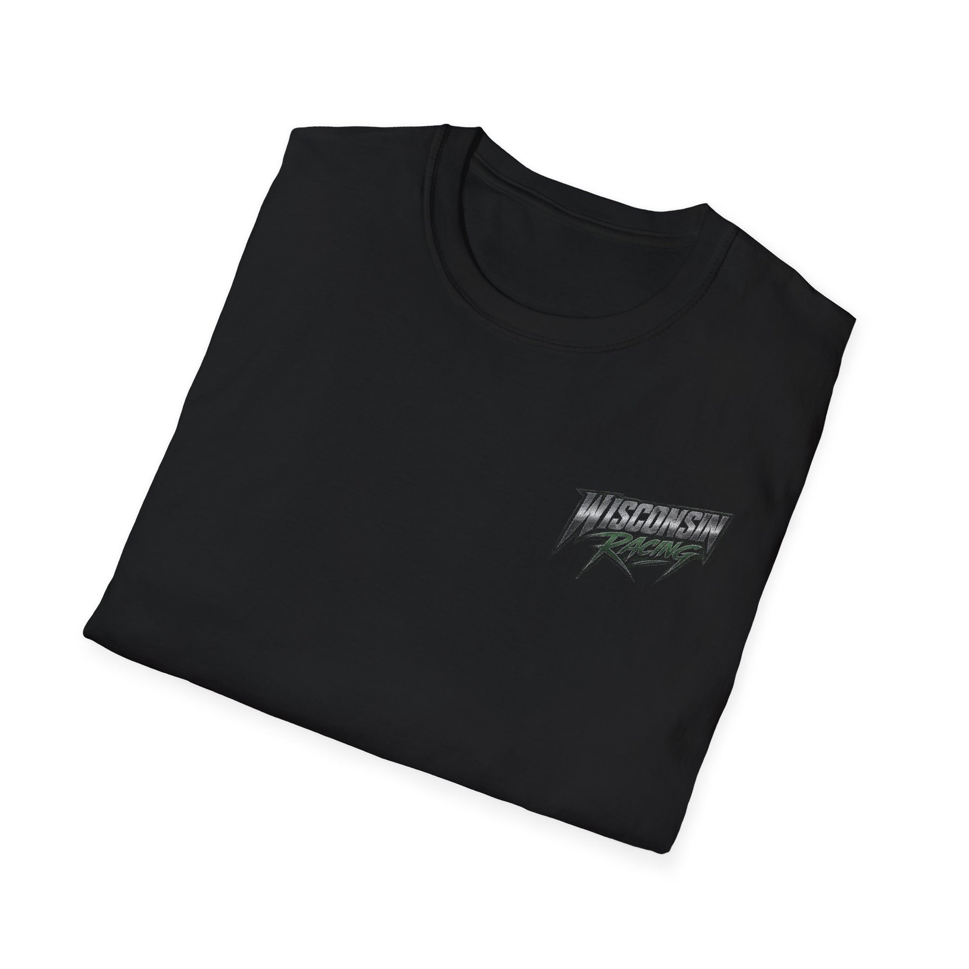 A folded black crewneck t-shirt with a distressed 'Wisconsin Racing' graphic printed on the left chest in white and green, displayed on a clean white background.