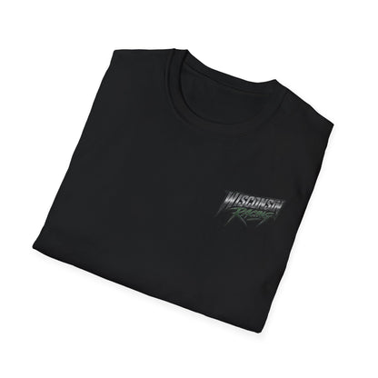 A folded black crewneck t-shirt with a distressed 'Wisconsin Racing' graphic printed on the left chest in white and green, displayed on a clean white background.