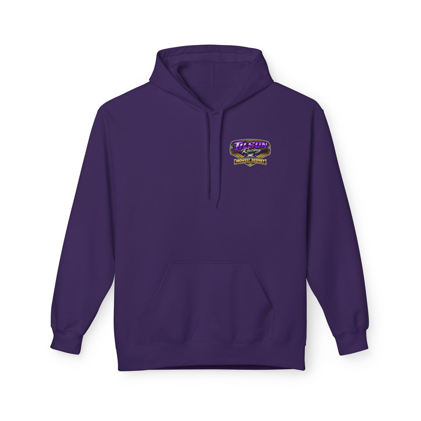 Purple hoodie with a logo on the chest against a white background