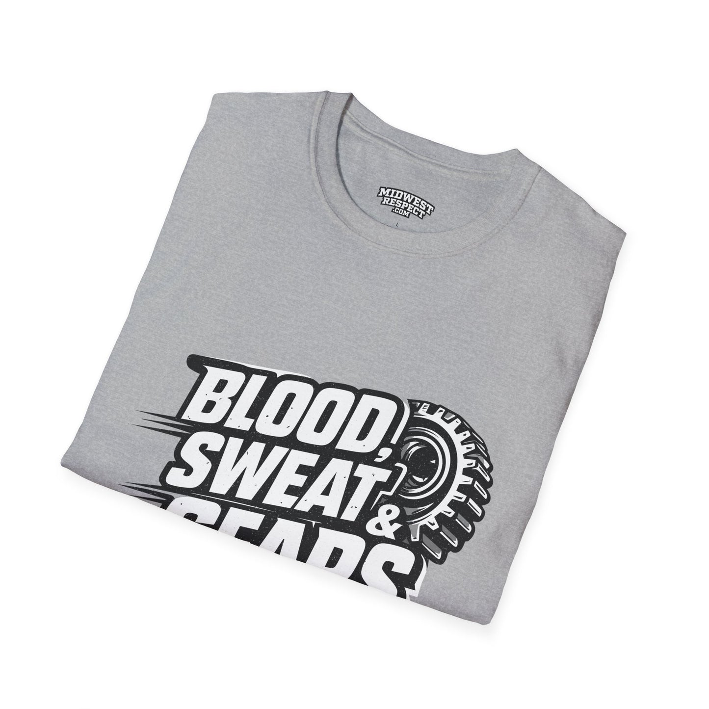Folded gray t-shirt with 'Blood, Sweat, & Gears' graphic on a white background